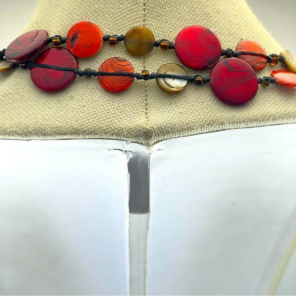 Red Mother of Pearl Disc Knotted Corded Boho Necklace Statement Long